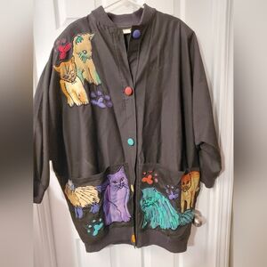 Vintage Silkscapes Jacket Women 3X Cats  Play  Silk Art Retro Coat Core